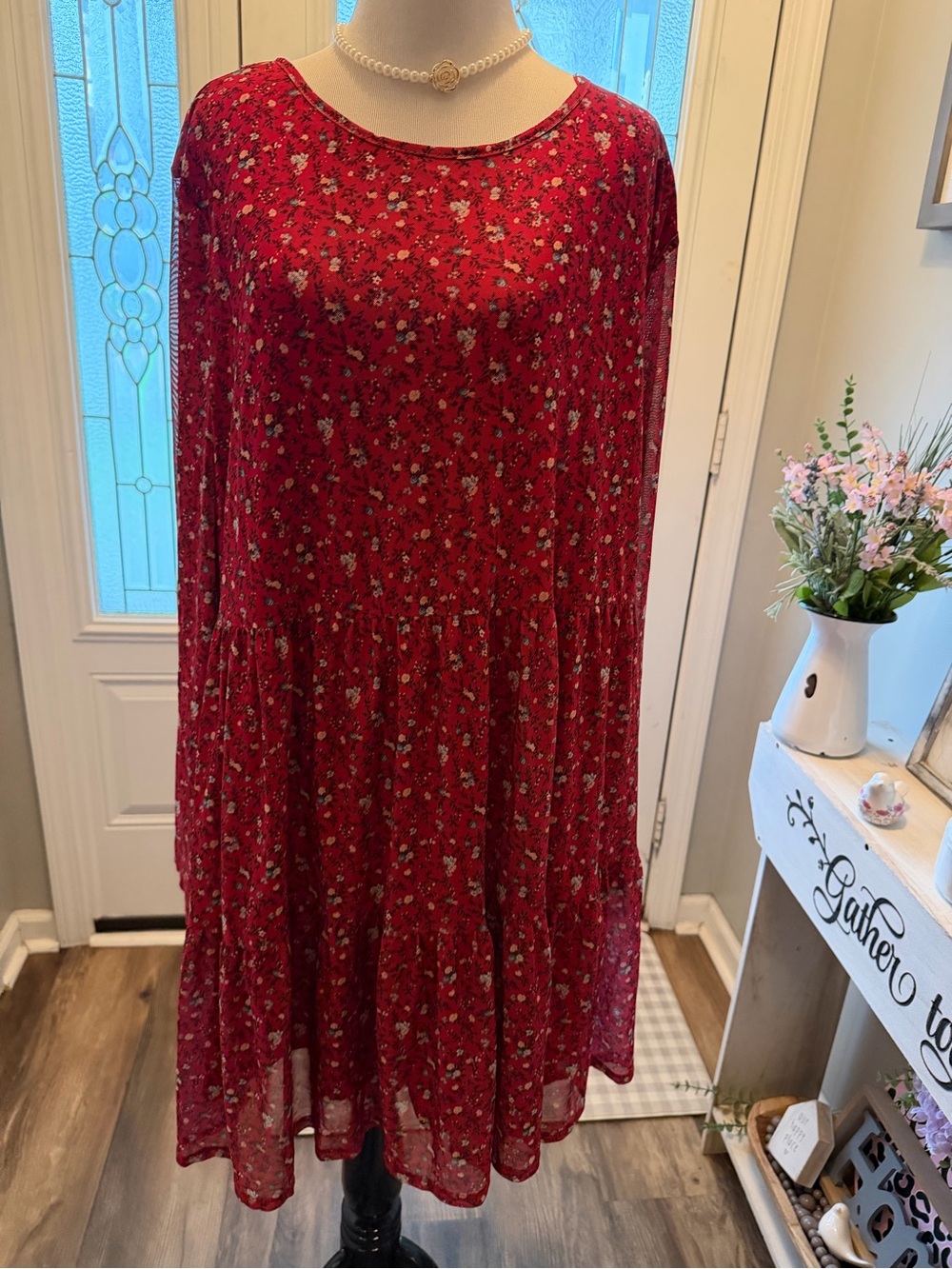 love, Fire Red Floral Tiered Swing Dress